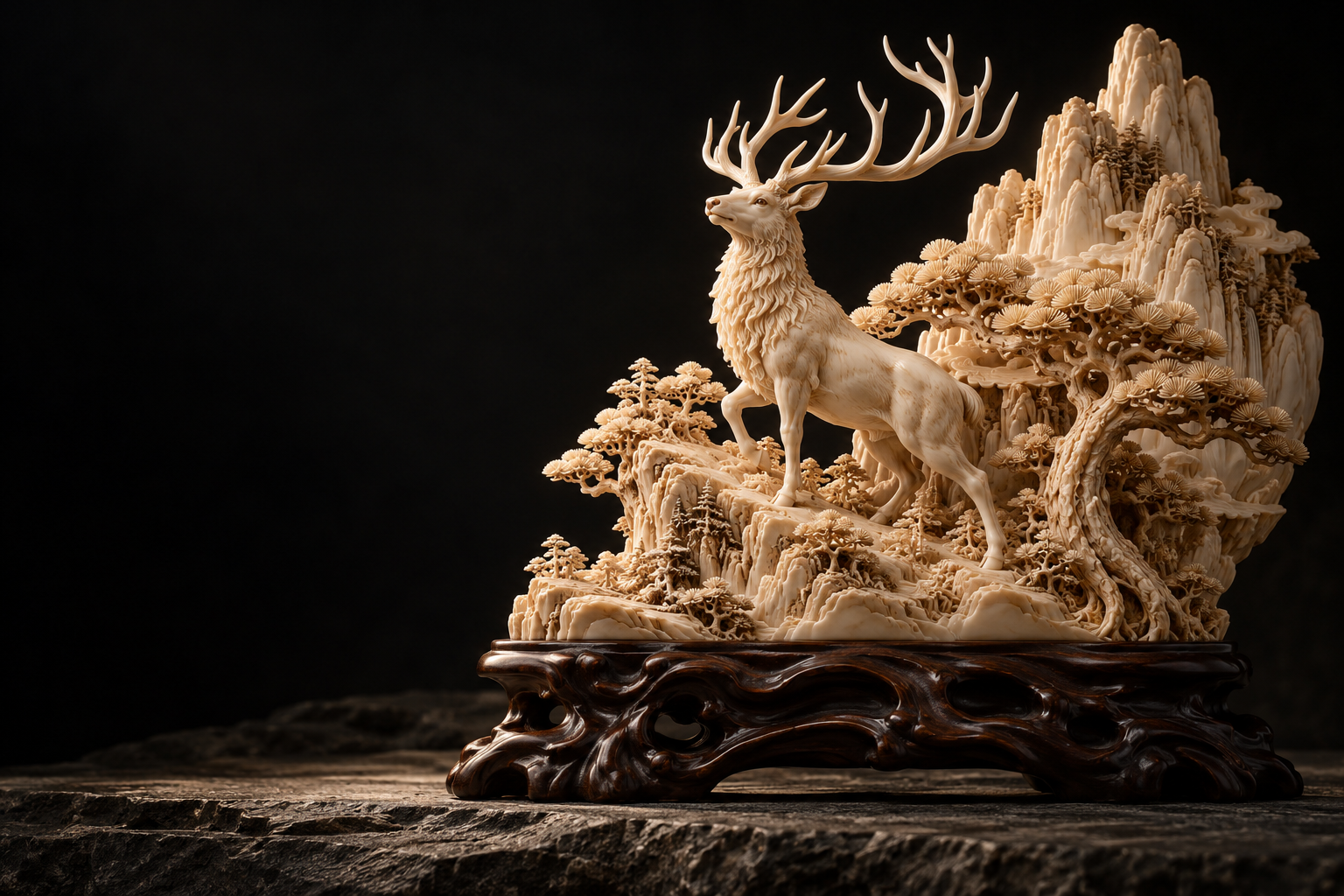 Conceptual antler deer and mountain landscape carving
