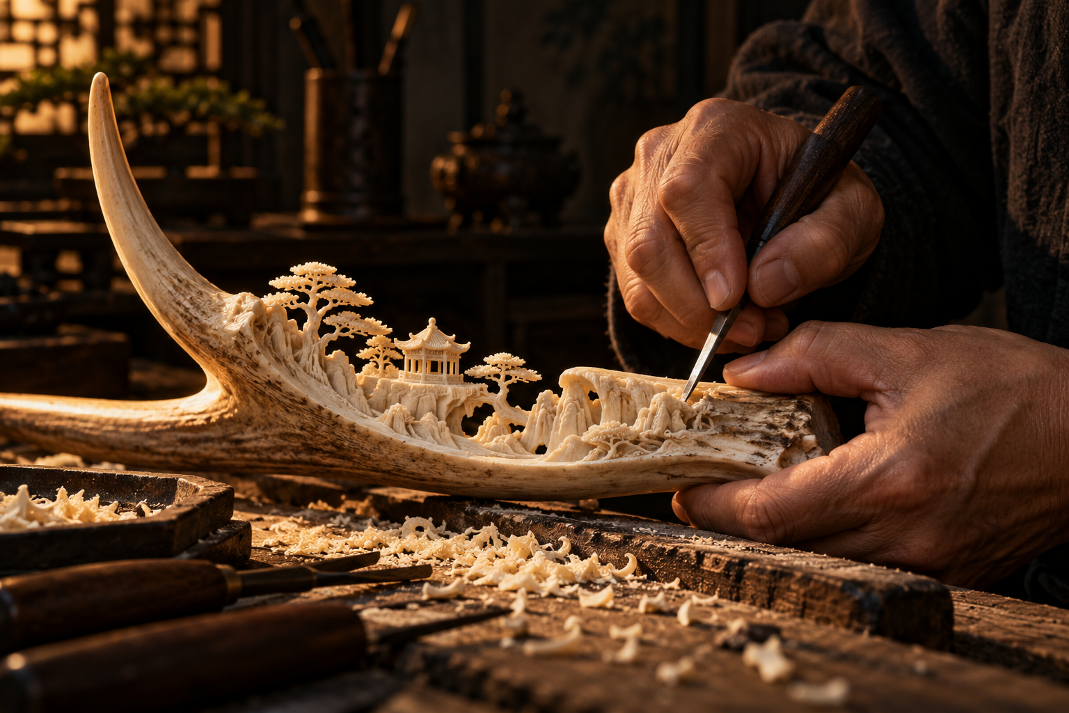 Artistic interpretation of an artisan carving a miniature landscape